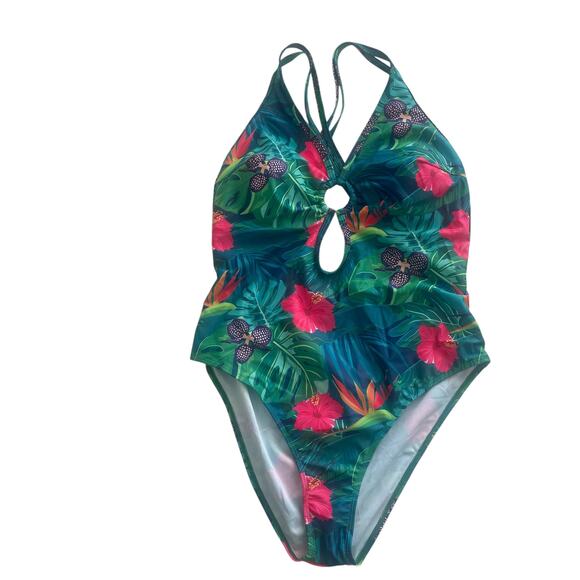 Swim Summer Beach Tropical Printed Hollowed Out One Piece Floral Sz XL - Picture 2 of 9